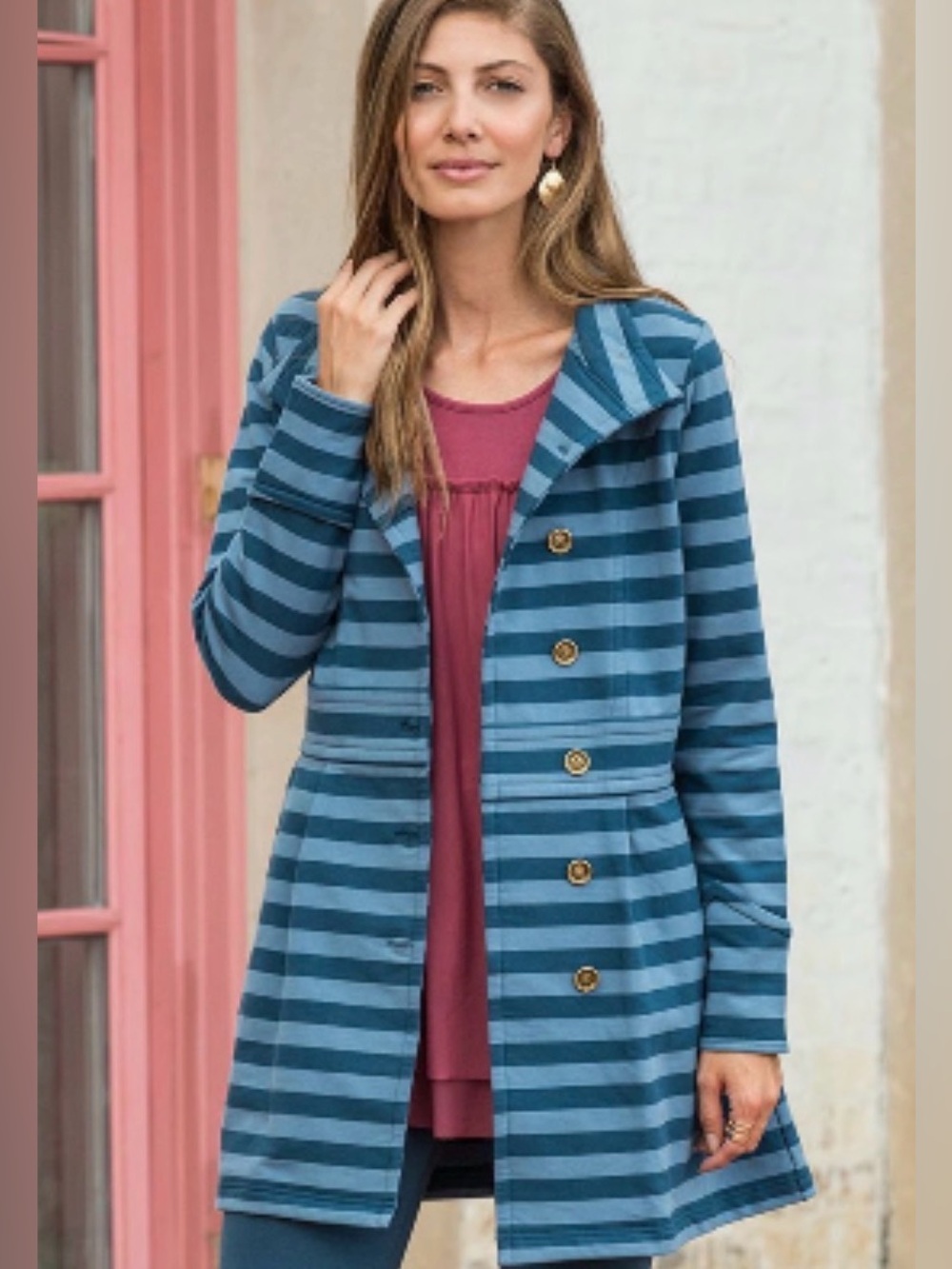 Matilda Jane Fall Breeze Blue Striped Peacoat Jacket Gold Button Medium
